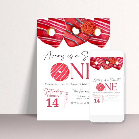 Sweet Red Heart Donut Birthday Invitation Template - Editable Party Invite, Printable DIY, Customizable Doughnut Theme Invitations