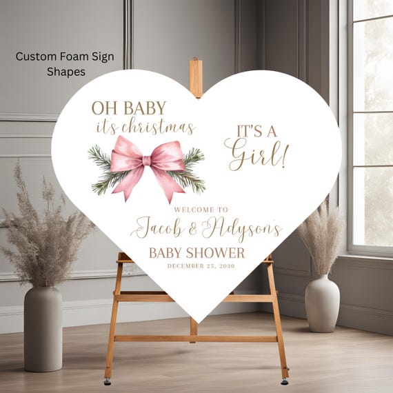 Pink Christmas Bow Baby Shower Welcome Sign - Heart Shaped Holiday Decor, Pink Foam Sign for Winter Baby Shower, Festive Holiday Party Sign