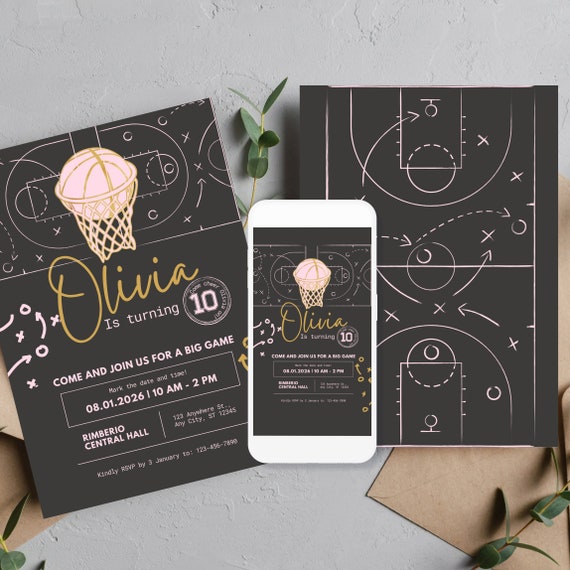 Pink Basketball Birthday Invitation Template, for Girls/Pink Basketball Invitations for Kids, Teens/Pink Sports Event Invite, Print, Digital