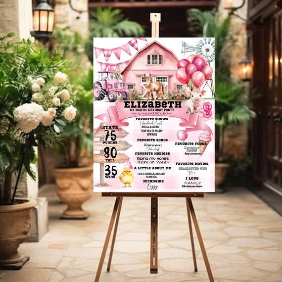 Customizable Pink Farm Birthday Milestone Sign - Barnyard Party Milestone Poster Template, Farm Animals Theme for Any Age Birthday Party