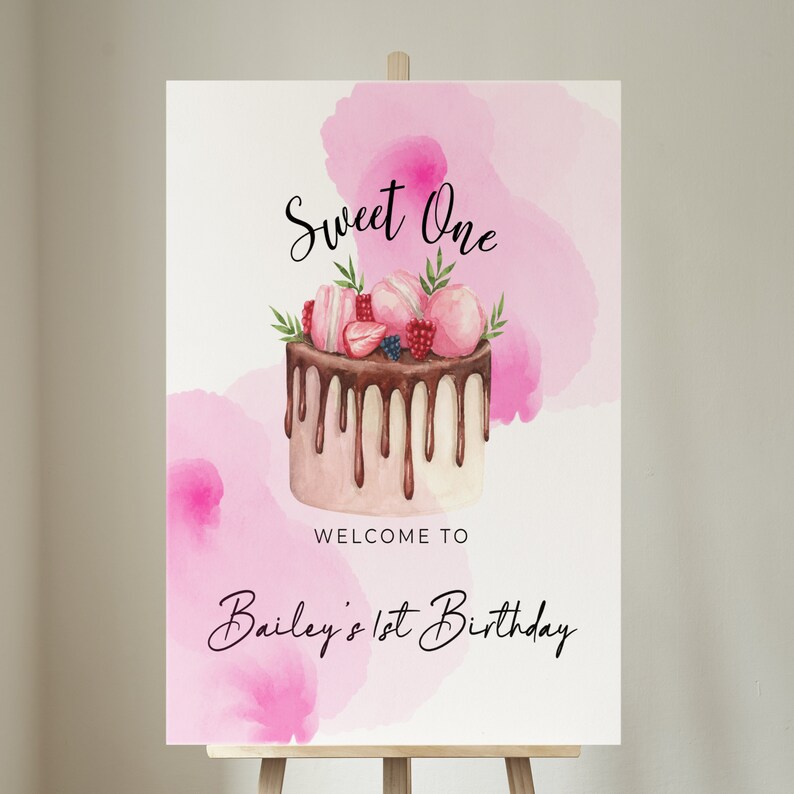 Sweet One Birthday Cake Welcome Sign, 1st Birthday Party Signs, Pink ...