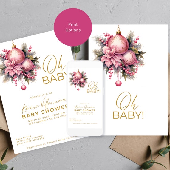 Pink Christmas Ornament Baby shower Invitation Template, Winter Girl Baby Shower Invitations, Holiday Winter Pink Printable Invites