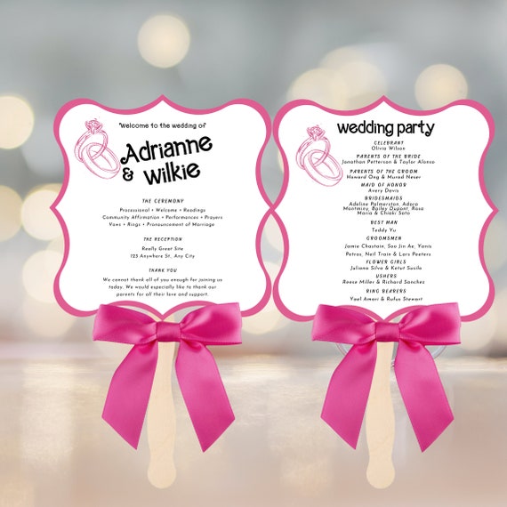 Chic Pink Wedding Fan Ceremony Fan Sign, Minimal wedding Fan Template, Minimalist Wedding Décor, Digital, Print and Assembled