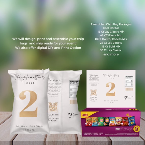 Personalized Wedding Table Number Chip Bag Favors | Custom Chip Label Template | Editable Wedding Chip Bag | Unique Wedding Favor Labels