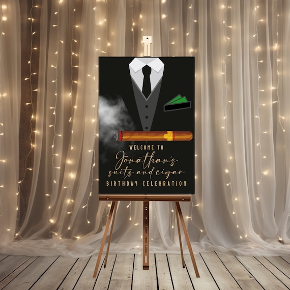 Editable Suits and Cigars Welcome Sign Template for Men's Birthday Party – Personalized Cigar Theme Banner – DIY Printable Decor
