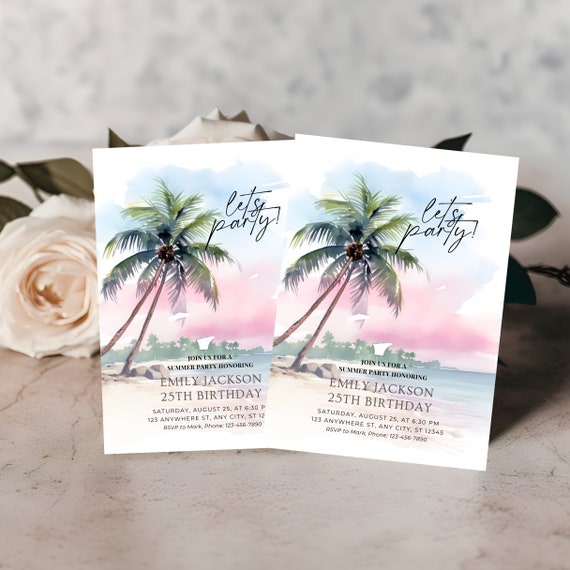 Summer Beach Party Invitation Template | Editable Birthday Bash Printable | Tropical Skyline, Print and Digital