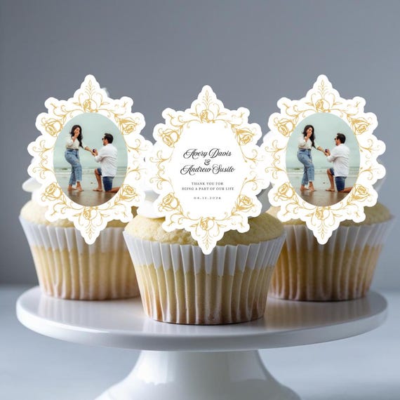 Edible Wedding Cake Topper with Photo – Custom Rose Frame Design, Personalized Anniversary, Engagement, Bridal Shower Decoration