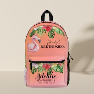 Personalized Flamingo Backpack for Kids - Custom Name Tropical Floral School Bag - Girls Back to School Bookbag Gift