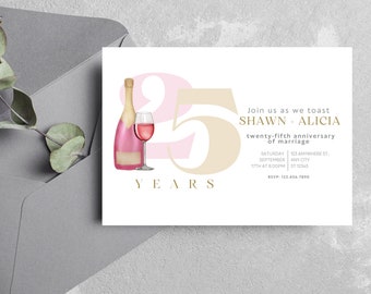 May include: A pink and beige invitation card with a watercolor illustration of a champagne bottle and glass. The text reads "Join us as we toast Shawn + Alicia twenty-fifth anniversary of marriage Saturday, September 17th at 6:00pm 123 Anywhere St. Any City, ST 12345 RSVP: 123.456.7890"