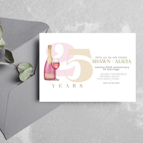 Anniversary Wine Invitation Template, Any Year Editable Anniversary Invitations, Custom Pink and Gold Anniversary Invite, Print and Digital
