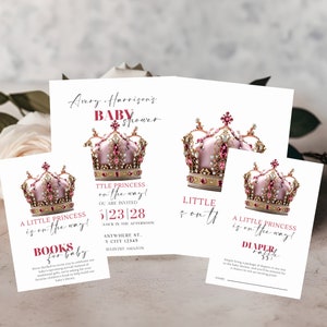 Plantilla editable de paquete de invitación para baby shower de niña rosa - Libros de fiesta de la pequeña princesa en camino para bebé - Tema de cuento de hadas, DIY imprimible