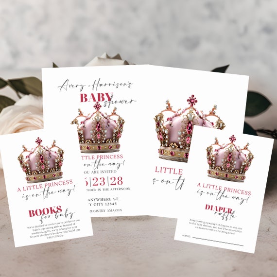 Editable Pink Girl Baby Shower Invitation Bundle Template - Little Princess on the Way Party Books for Baby - Fairytale Theme, DIY Printable