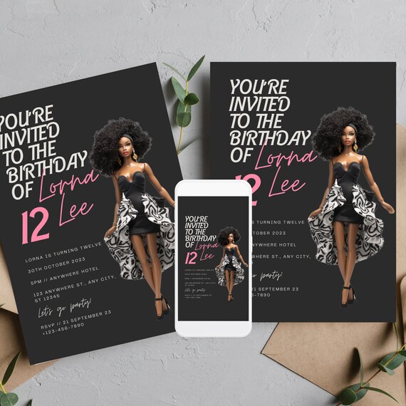 Doll Birthday Party Invitation, African American Doll, Editable Black and Pink Invitation, Printable Birthday Invitation, #BRB