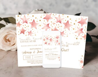 May include: Pink and gold baby shower invitation with a star pattern and the text "Twinkle, Twinkle Little Star" and "Please join us for a baby shower honoring Avery & Jonathan".