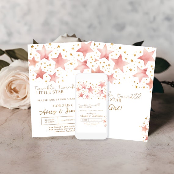 Editable Pink Stars Baby Shower Invitation Template - Twinkle Little Star - Printable Girl Invite - Customizable DIY Baby Shower Invitations
