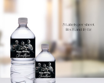 May include: Two clear plastic water bottles with black and white labels. The labels feature a photo of soldiers and the text "Happy Birthday Jonathan". The text "5 Labels per sheet fits 8 and 12 oz" is also visible.