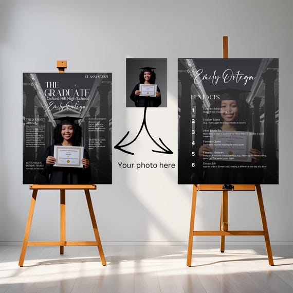 Custom 2025 Graduation Welcome Sign | Editable Magazine Cover Banner | Fun Facts & Accomplishments | Black White Graduation Photo Prom Sign