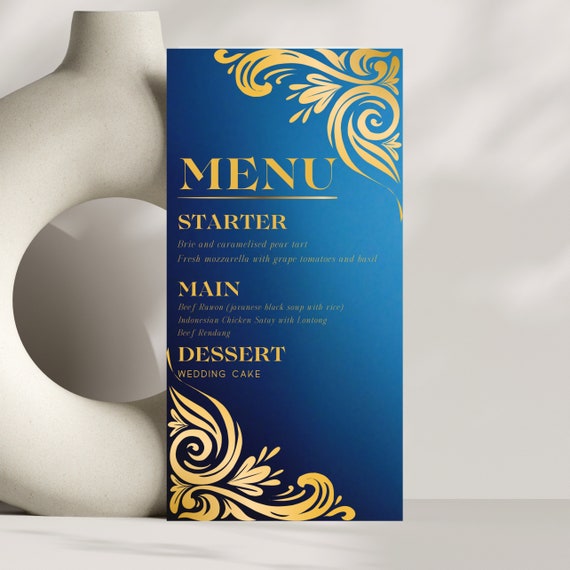 Royal Blue & Gold Wedding Menu Design | Customizable Elegant Engagement Menu Template | Personalized Wedding Menu
