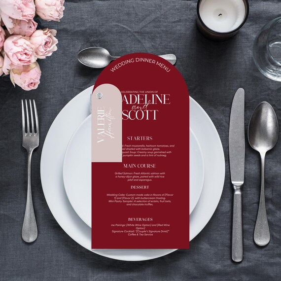 Elegant Red & Pink Wedding Arch Dinner Menu | Minimalist Modern Wedding Menu | Editable Template with Guest Name Personalization