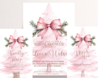 Roze kerstboom bruids douche uitnodigingsbundel, winter roze uitnodigingen vrijgezellenfeest, winter roze sjabloon uitnodigen, instant download