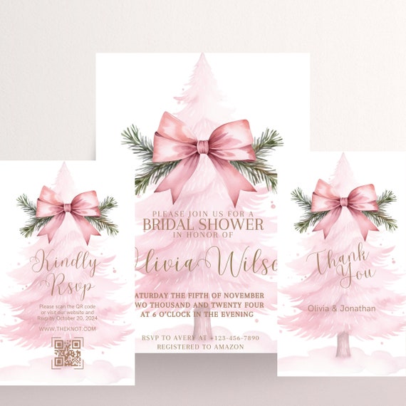 Pink Christmas Tree Bridal Shower Invitation Bundle, Winter Pink Bridal Shower Invitations, Winter Pink Template Invite, Instant Download