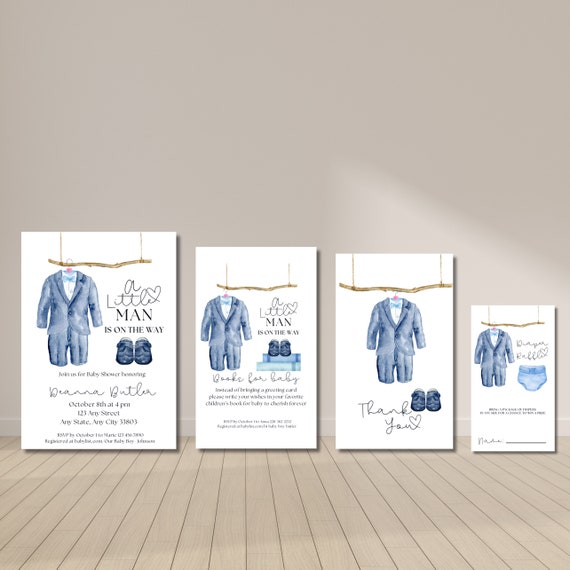 Little Man Baby Shower Invitation Bundle Template, Boy Baby Shower Printable, Editable Blue Baby Shower Invite, Instant Download