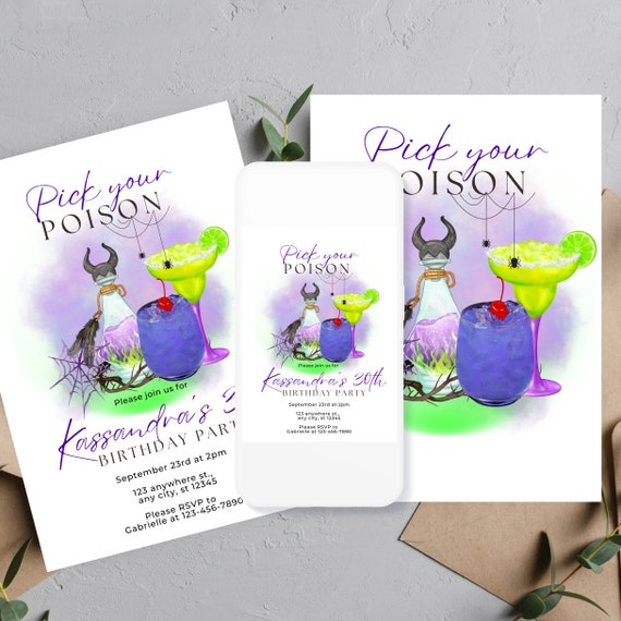Adult Villain Birthday Invitation Template, Pick Your Poison Party Invitations, Editable Halloween Cocktail Invite, Custom Scary Printable