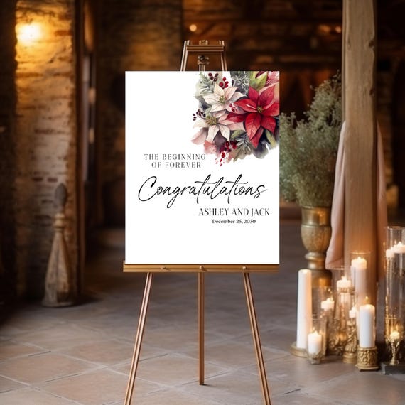 Holiday Wedding Welcome Sign with Poinsettia Flowers | Personalized Bride & Groom Name Sign | Christmas Wedding Decor, Winter Wedding Sign