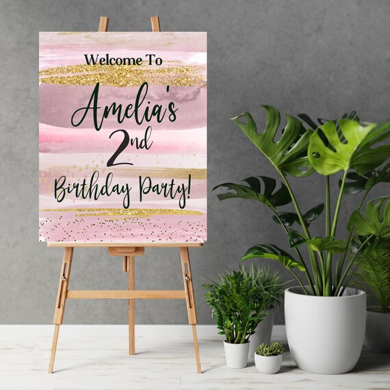 Blush an Gold Birthday Welcome Sign, Blush Brush Stroke Banner, Any Age Sign, Personalized Pink Sign, Printable Template, Print and digital