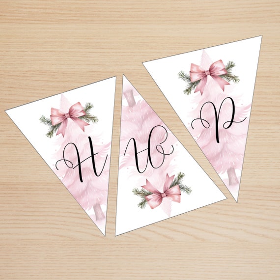 Pink Christmas Tree Birthday Triangle Banner Template, Winter Girl Party Favor Decor, Winter Pink Digital Birthday Banner, print and Digital