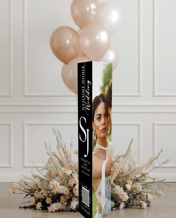 Custom Wedding 3-Sided Totem Sign | Photo Reception Display, Tri-Side Floor Sign with Names & Date
