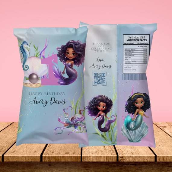African Princess Mermaid Chip Bag, Birthday Label Template, Black Mermaid Party, Chip Bags Any Age, personalized party bag, Instant Download