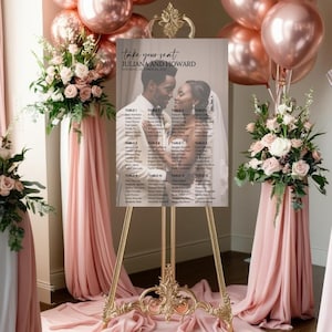 Letrero personalizado para fotos de bodas con plano de asientos: elegante decoración de recepción acrílica / Lista de invitados personalizada en espuma y opciones de póster