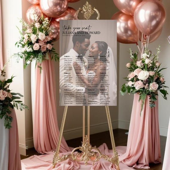 Custom Wedding Photo Seating Chart Sign – Elegant Acrylic Reception Décor | Personalized Guest List Display on Foam & Poster Options
