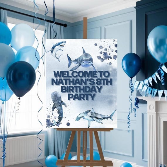 Editable Birthday Shark Welcome Sign Template, Instant Download Canva Sign, Printable Shark Party Decor, Under the Sea Birthday Template