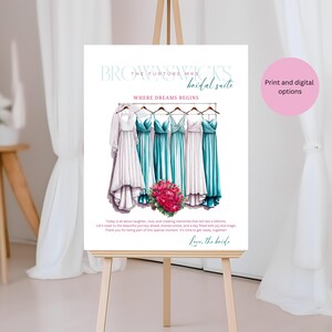 Bridal Suite Welcome Sign, Turquoise White Hanging Dresses, Bride Bridesmaid, Maid of Honor Get Ready Sign, Wedding Day Bridal Party Sign