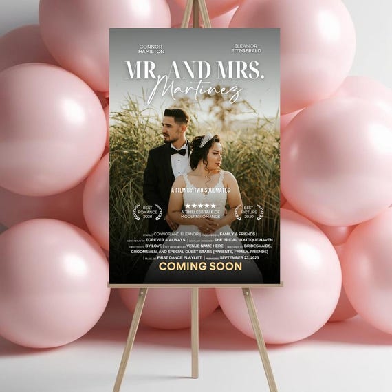Movie Poster Wedding Welcome Sign – Custom Bridal ‘Coming Soon’ Sign, Hollywood Theme Reception Decor, Personalized Bride & Groom Photo