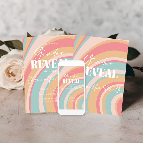 Groovy 70's Gender Reveal Invitation - Editable Template, Retro Funky Vibes, Rainbow Hippie Baby Shower, Printable 70s Vibe, Print, Digital