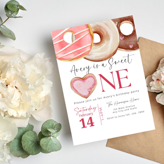 Sweet Pink Donut Birthday Invitation Template - Editable Party Invite, Printable DIY, Customizable Doughnut Theme Invitations