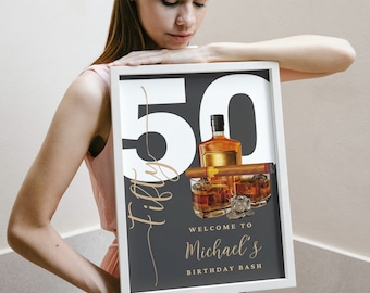Erwachsene Whisky und Zigarre Geburtstag Willkommensschild, bearbeitbar jedes Alter Männer Geburtstagsbanner, druckbare Bday Vorlage, Sofort Download #AWC