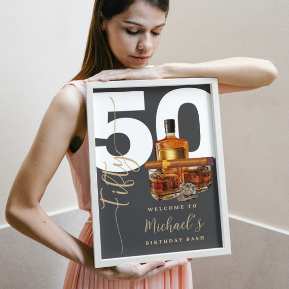 Adult Whiskey and Cigar Birthday Welcome Sign, Editable Any Age Men's Birthday Banner, Printable Bday Template, Instant Download #AWC