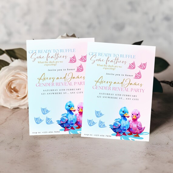 Editable Gender Reveal Invitation with Pink & Blue Ducks | Unique ‘What the Duck’ Theme Party Printable | Custom Gender Reveal Template