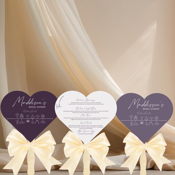Editable Heart Shape Bridal Shower and Wedding Fans – Any Color – Double-Sided Menu & Order of Events – Custom Handheld Program, Party Favor