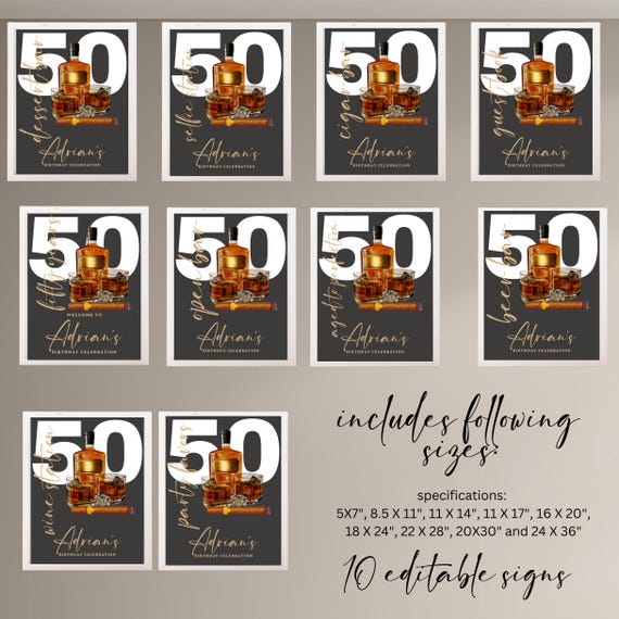 Editable Whiskey and Cigar Sign Bundle | Birthday Milestone Templates | Gentlemen Party Decor | Custom Whiskey Labels & Cigar Bar Signs