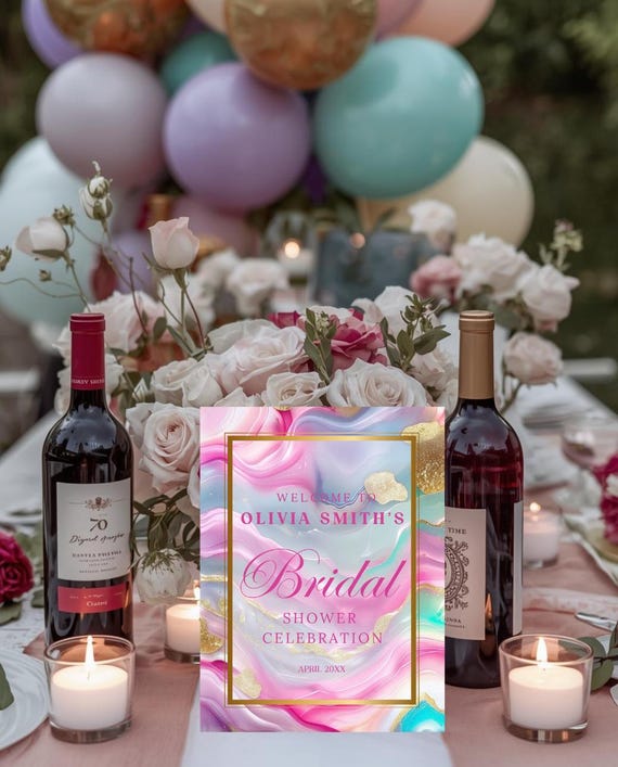 Bridal Shower Invitation Template | Pastel Agate Gold Invite | Instant Download | Editable Design