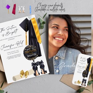 May include: Graduation party invitation with a black graduation cap, gold tassel, and a black and gold balloon that says "Congratulations on your Graduation". The invitation also features a gold scroll with a bow and a pair of black high heels.