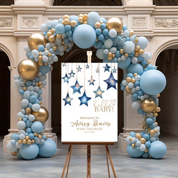 DIY Printable Blue Stars Baby Shower Welcome Sign - Editable Template for a Memorable Hello Baby Party - Boy Baby Shower Decorations