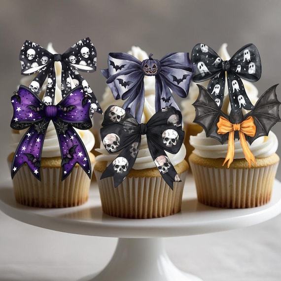 Halloween Bow Cupcake Toppers – Spooky Cute Party Decor, Witch Bow Cupcake Picks, Pumpkin Ghost Bat Halloween Party Supplies, Fall Decor