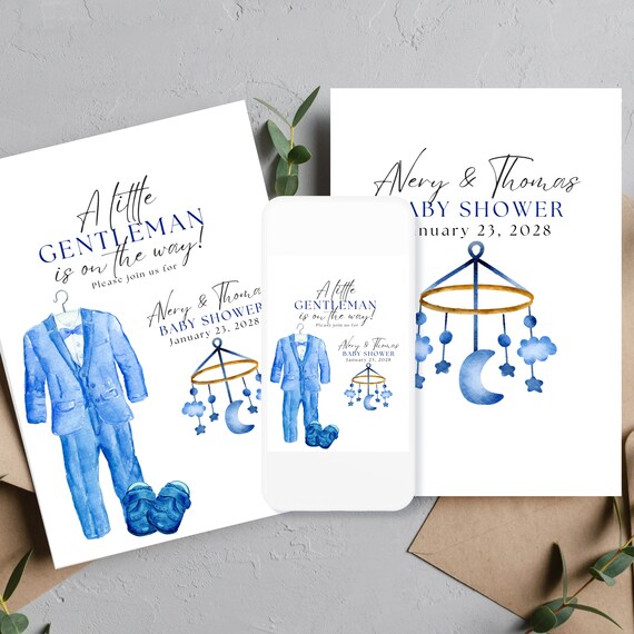 A Little Gentleman Baby Shower Invitation Template, Boy Baby Shower Printable, Editable Blue Baby Shower Invite, Print and Digital