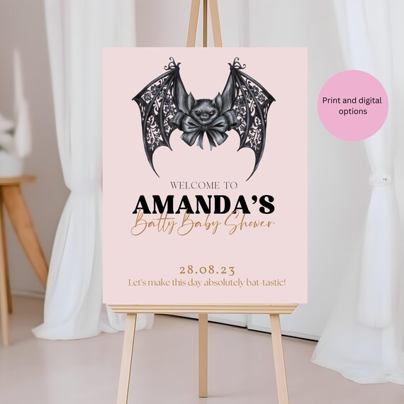 Bat Bow Halloween Baby Shower Welcome Sign | Pink & Black Spooky Baby Shower Template | Printable Batty Halloween Party Decor